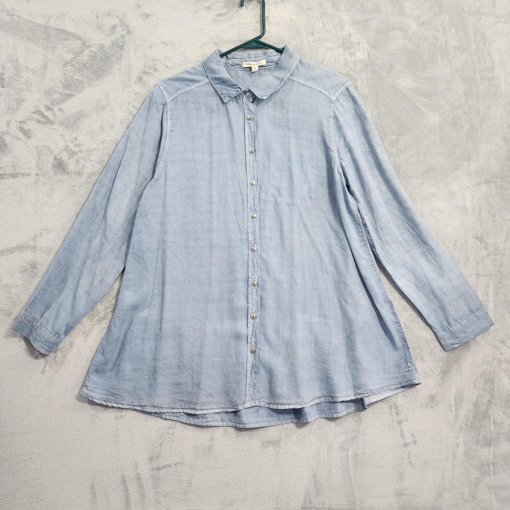 Tea N Rose Top Womens M Blueβ Chambray Button Front Long Sleeve Ruffle Hem Tunic